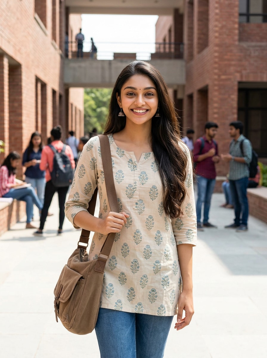 Beige College Girl Kurti Denim Look Gemini AI girl in kurti denim prompt