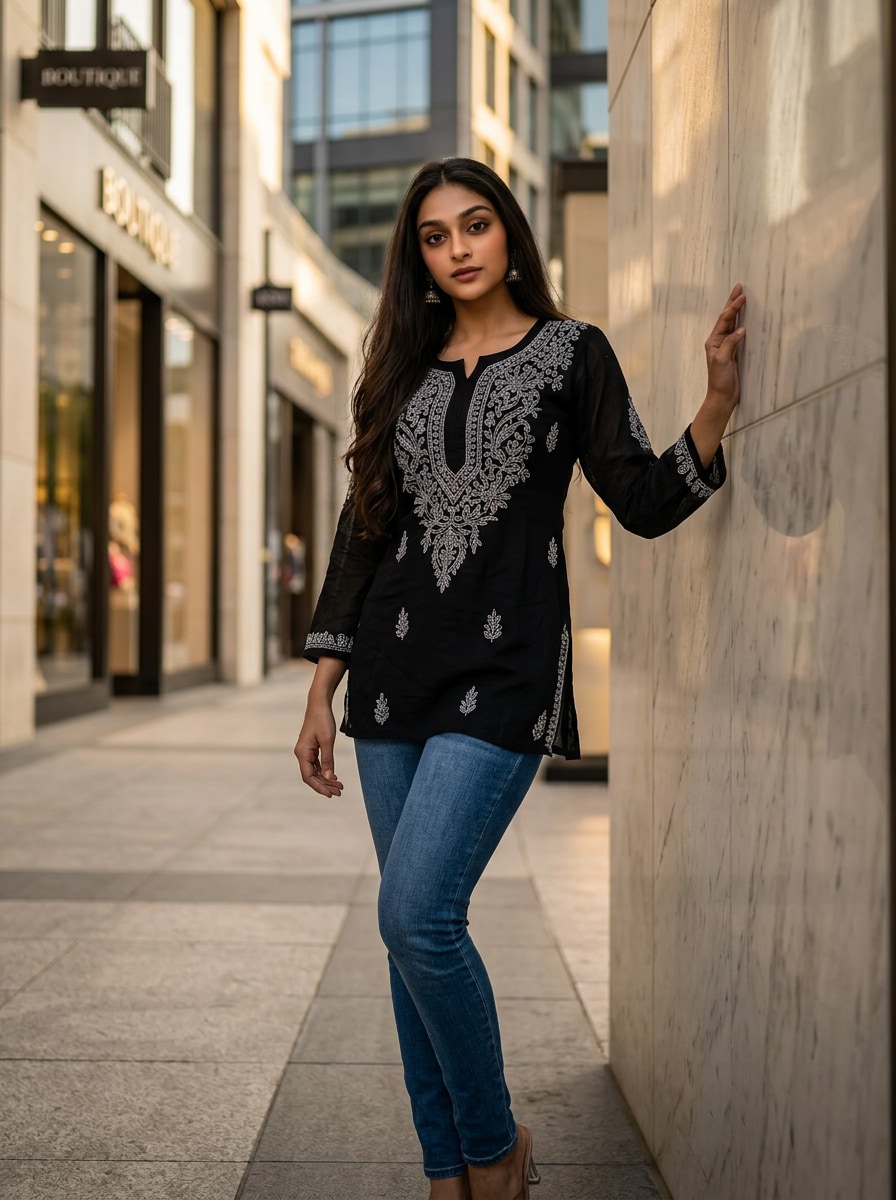 Black Designer Kurti Denim Portrait Gemini AI girl in kurti denim prompt