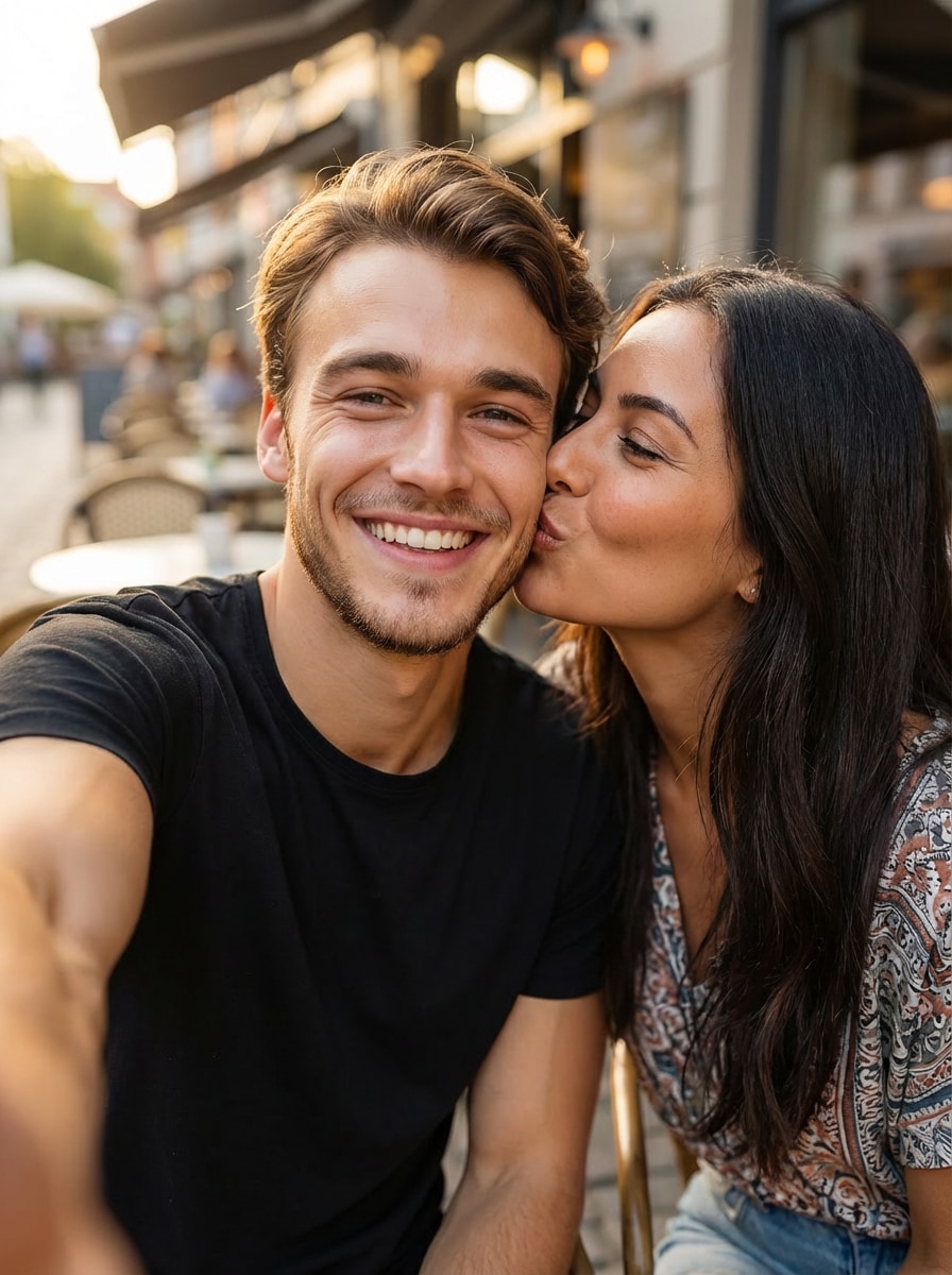 AI girlfriend cheek kiss selfie