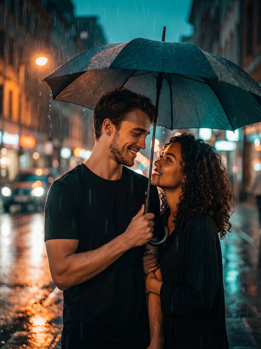 AI girlfriend romantic rain scene