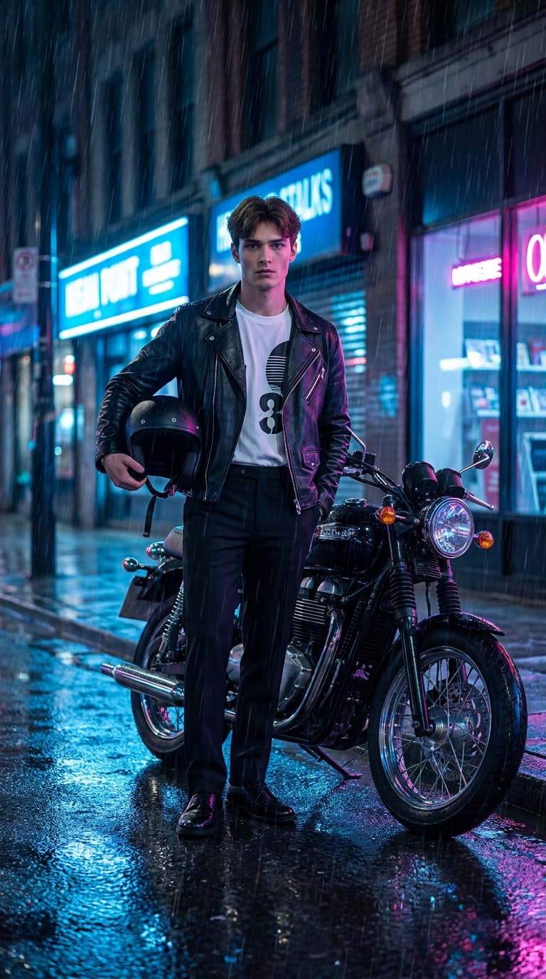 Rainy neon biker prompt