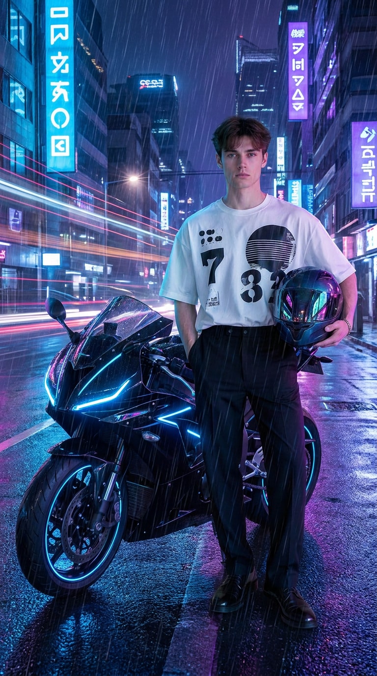 Cyberpunk motorcycle portrait prompt