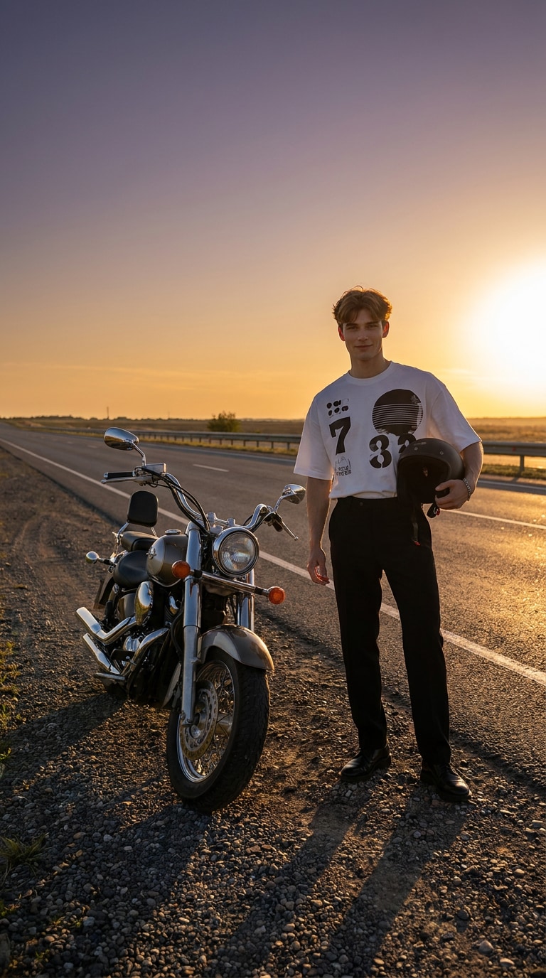 Golden hour highway biker prompt