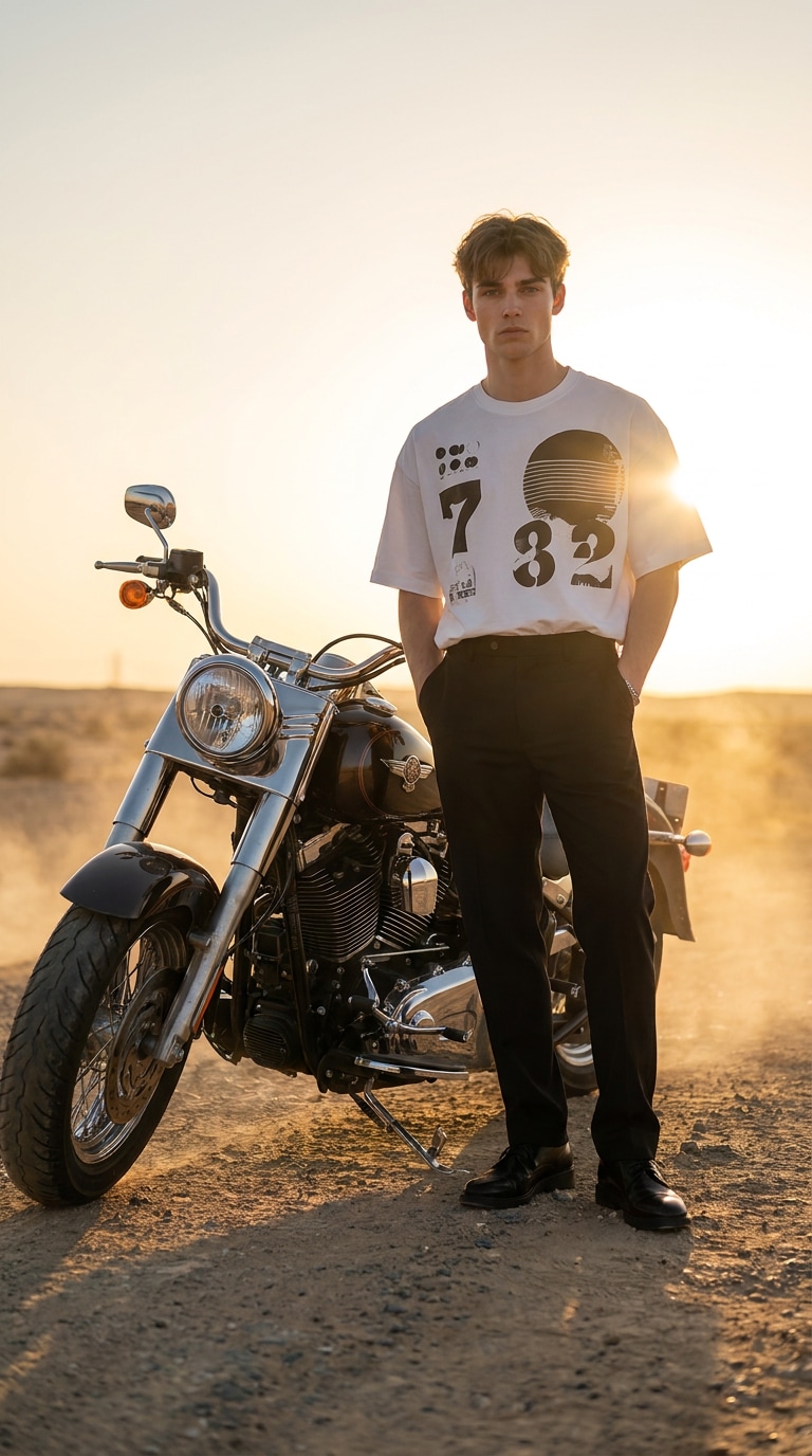 Cinematic motorcycle portrait AI prompt