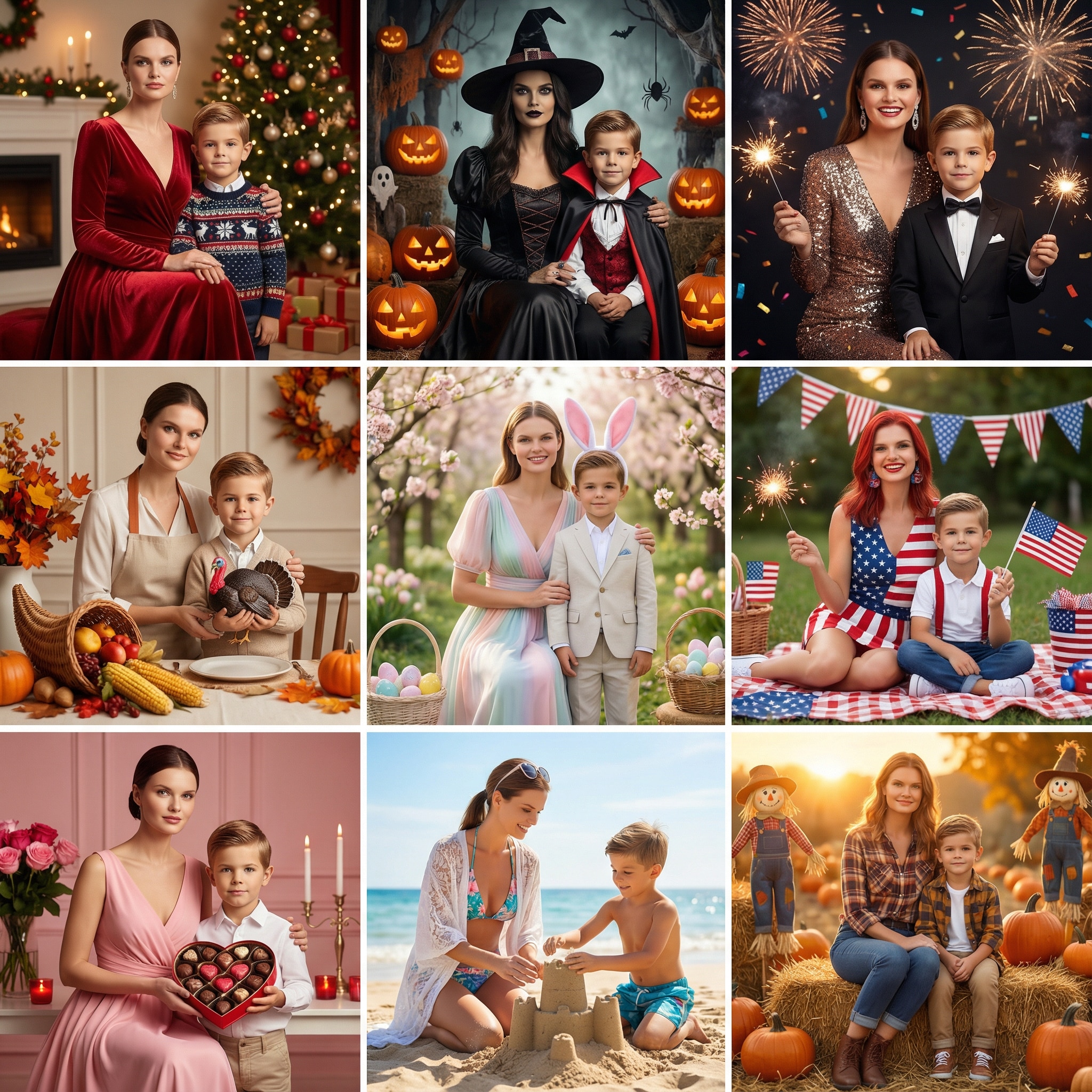 Nano Banana Pro mother & son age timeline 3x3 grid