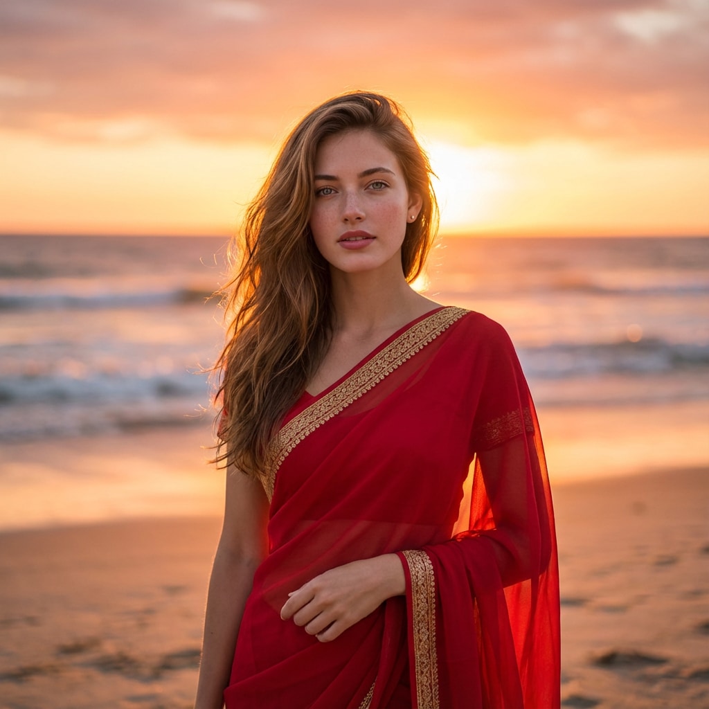 AI Clothes Changer - Red Saree Beach Sunset