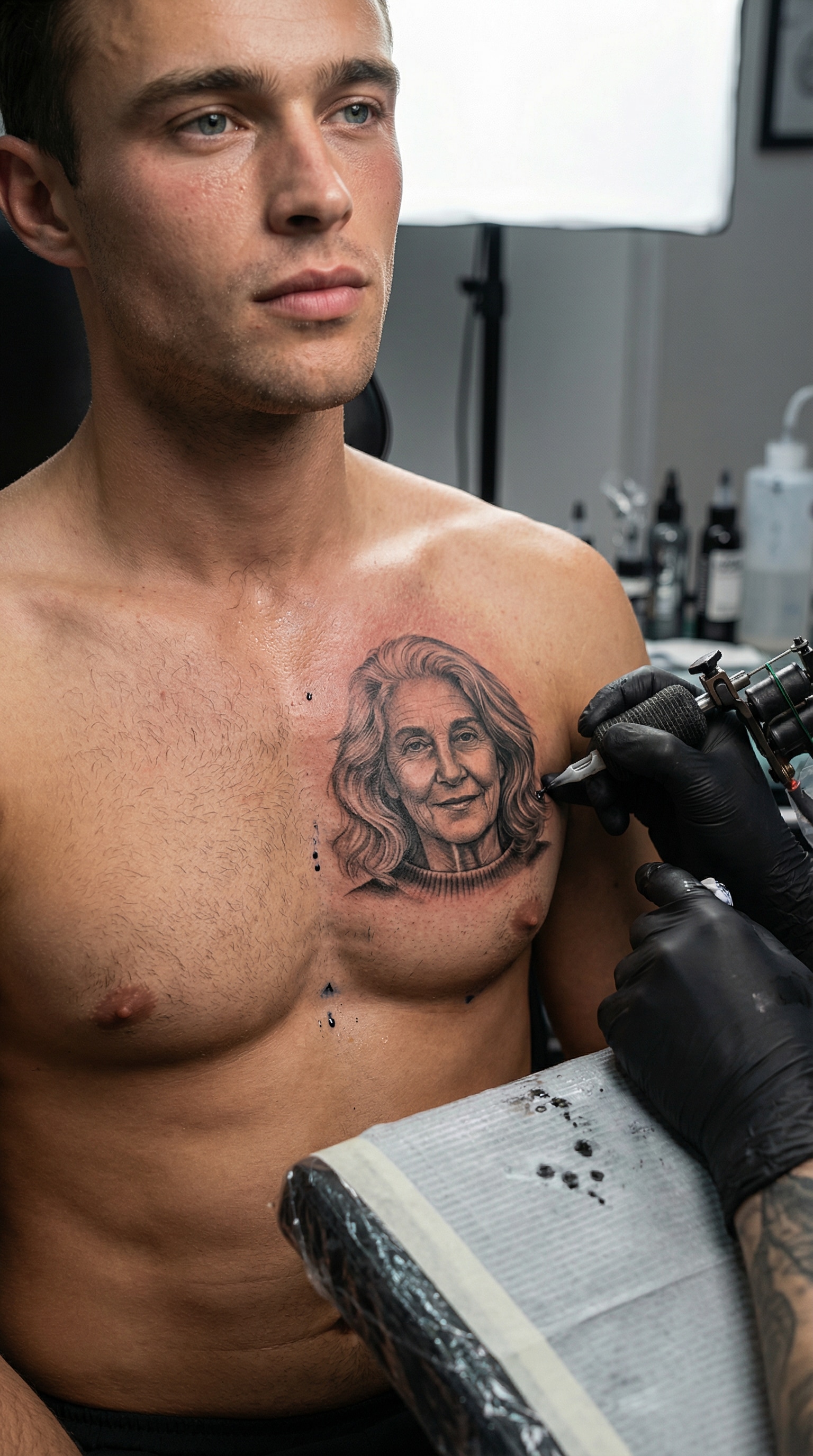 Photorealistic Portrait Tattoo in Progress (Memorial / Mom)
