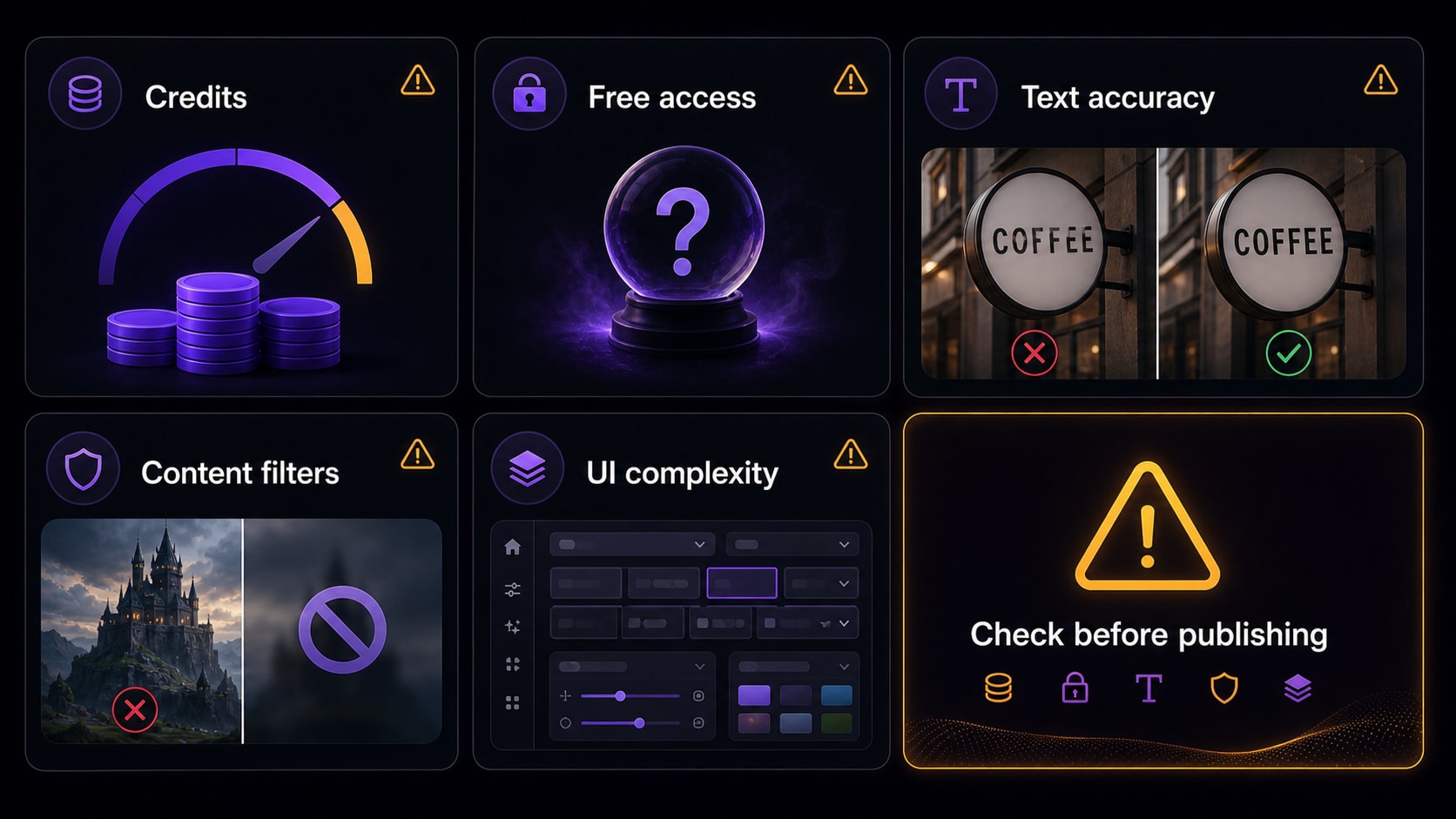 Getimg AI limitations including credit usage, free access uncertainty, content filters, text accuracy, and UI complexity