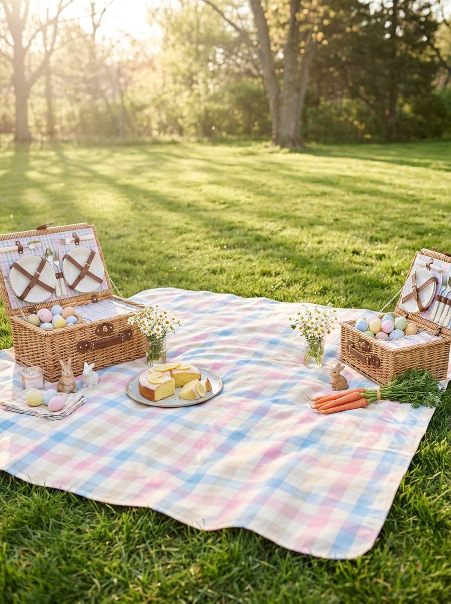 Gingham picnic eggs Easter background
