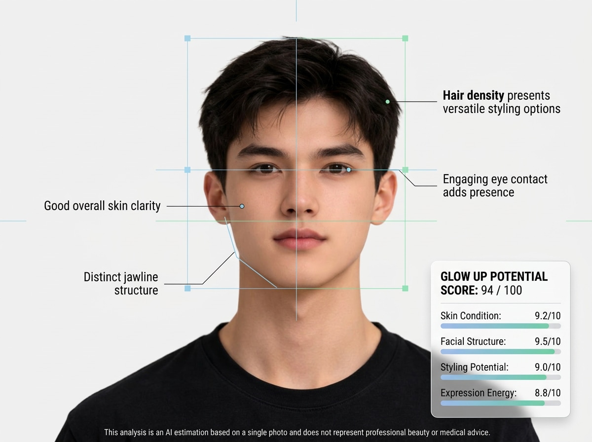 AI glow up test result showing skin clarity and styling potential analysis