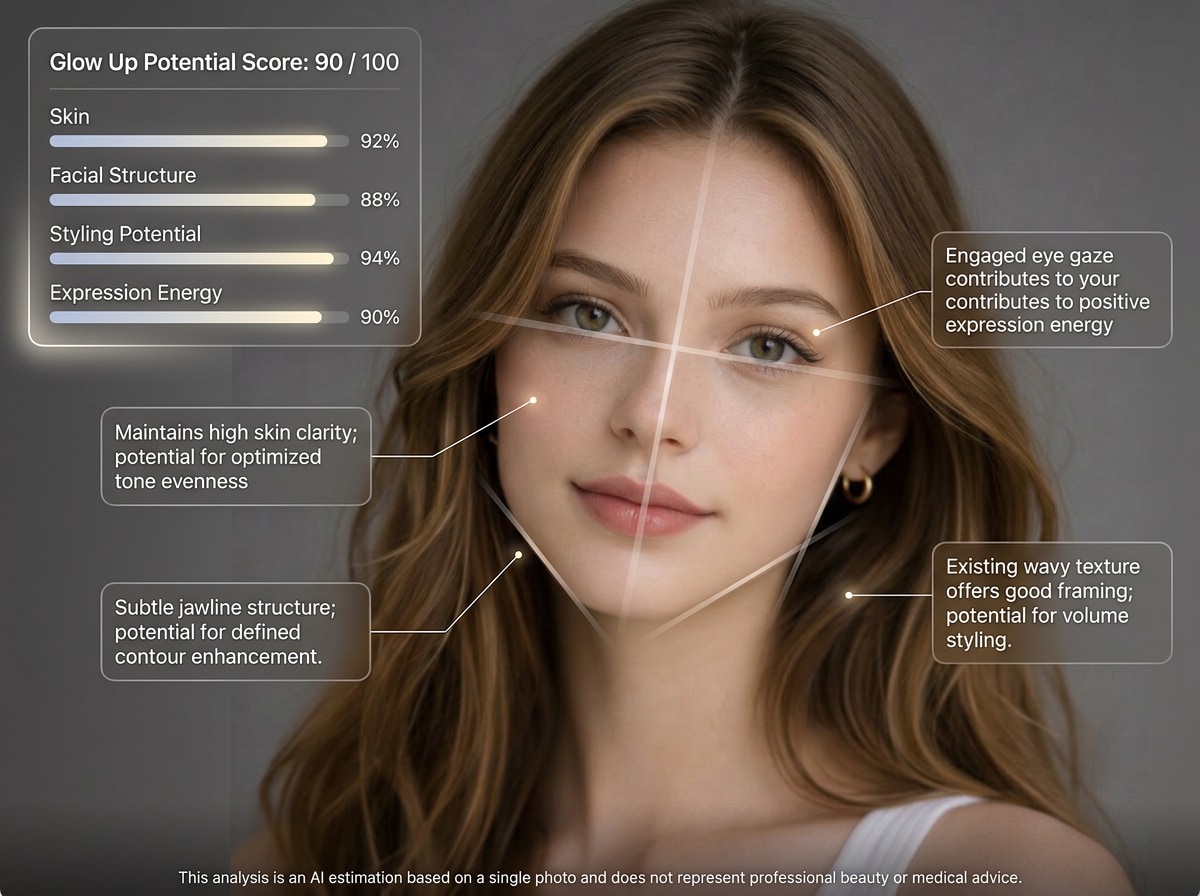 AI glow up analyzer report showing facial structure and expression energy breakdown
