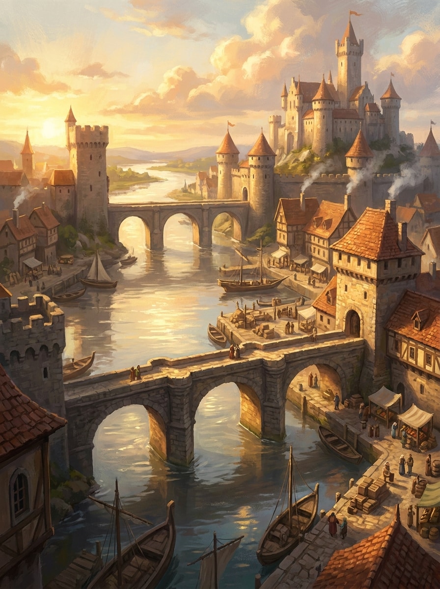 Golden Hour Riverside Town