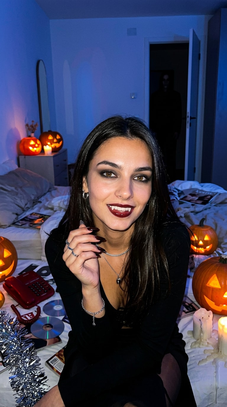 Viral cinematic Halloween AI photo with direct flash and lurking figure