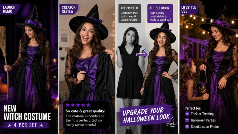 Multiple Halloween Costumes short video styles for ecommerce creative testing