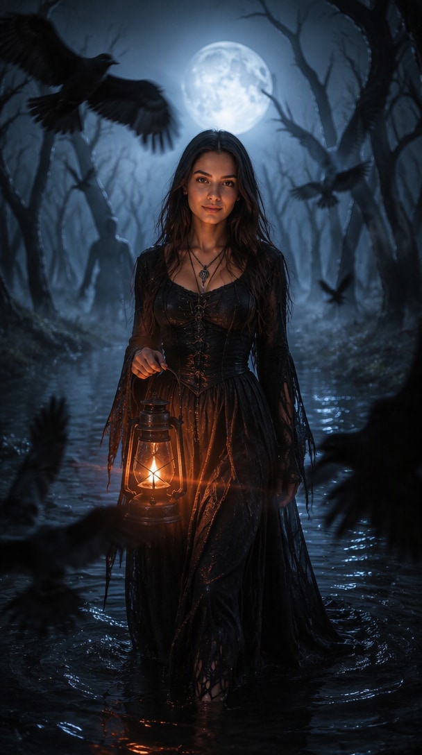 Cursed forest witch Halloween AI photo with giant moon ravens and black water
