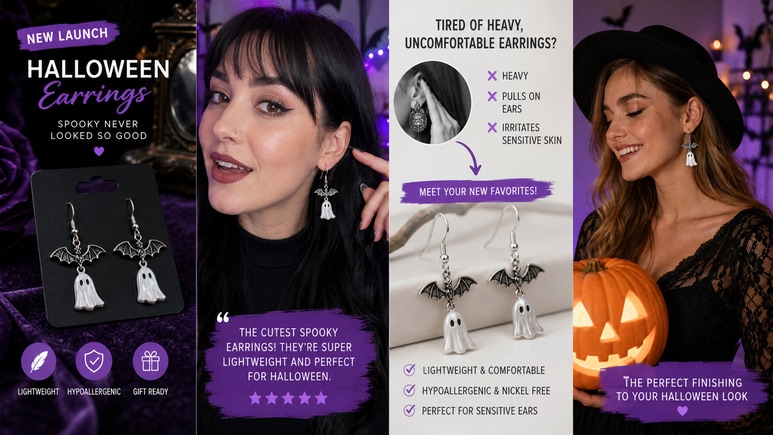 Multiple Halloween Earrings short video styles for ecommerce creative testing