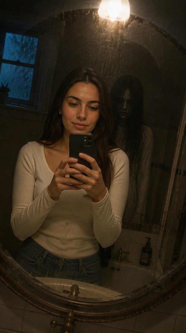 Halloween ghost mirror reveal AI photo with ghost visible only in reflection