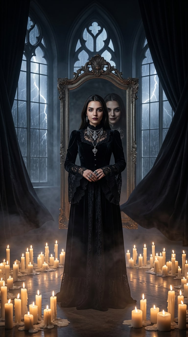 Gothic Halloween AI portrait with candlelit ballroom and evil mirror reflection