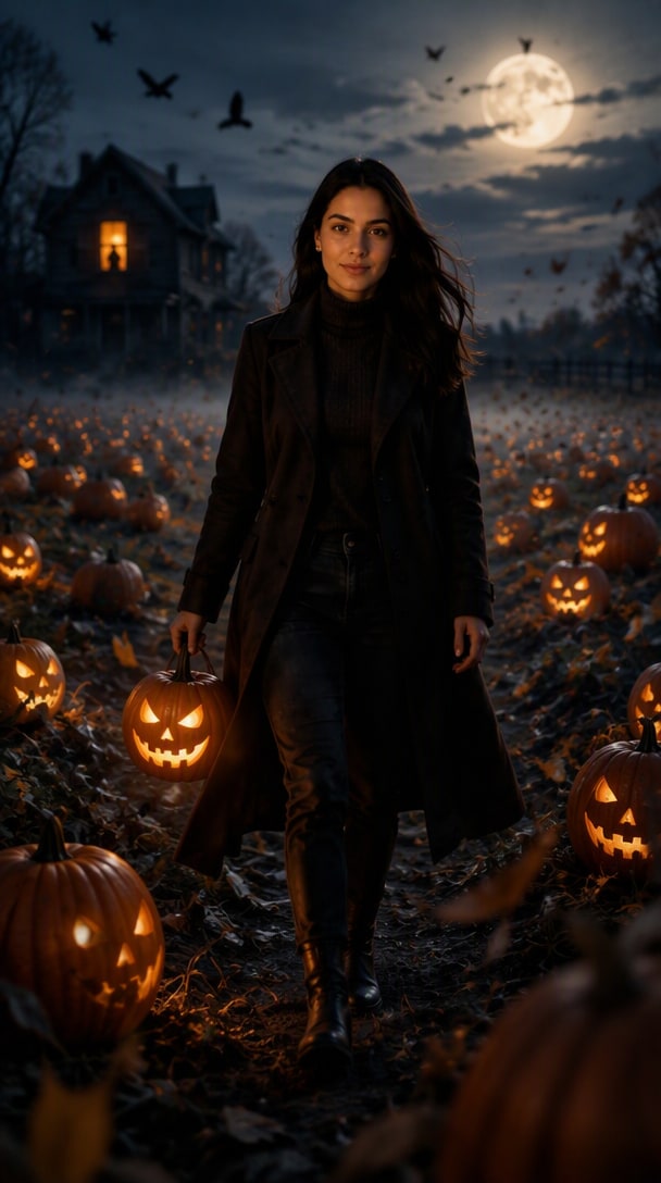 Haunted pumpkin patch Halloween AI photo with glowing jack o lanterns and farmhouse silhouette