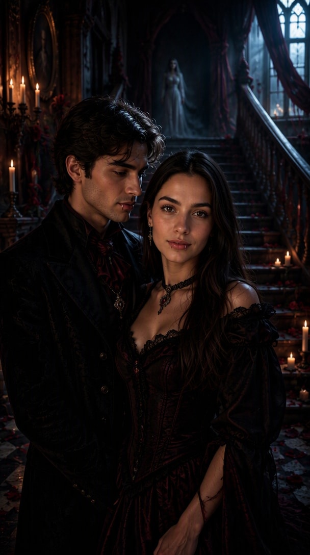 Haunted vampire couple Halloween AI photo in candlelit mansion with ghost on staircase
