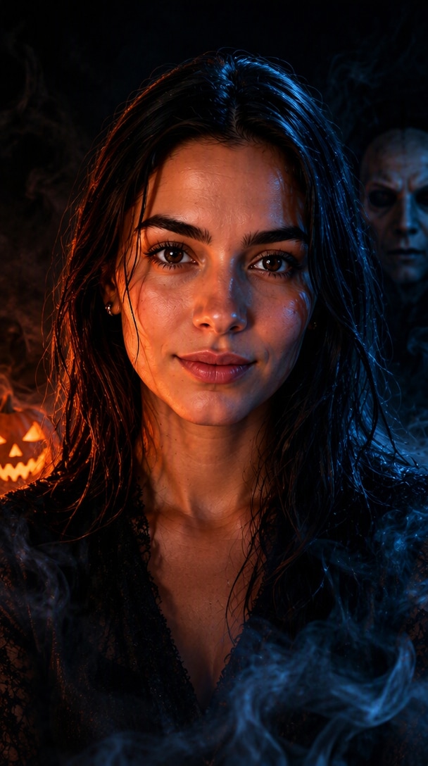 Halloween AI profile picture with orange blue split lighting and masked figure