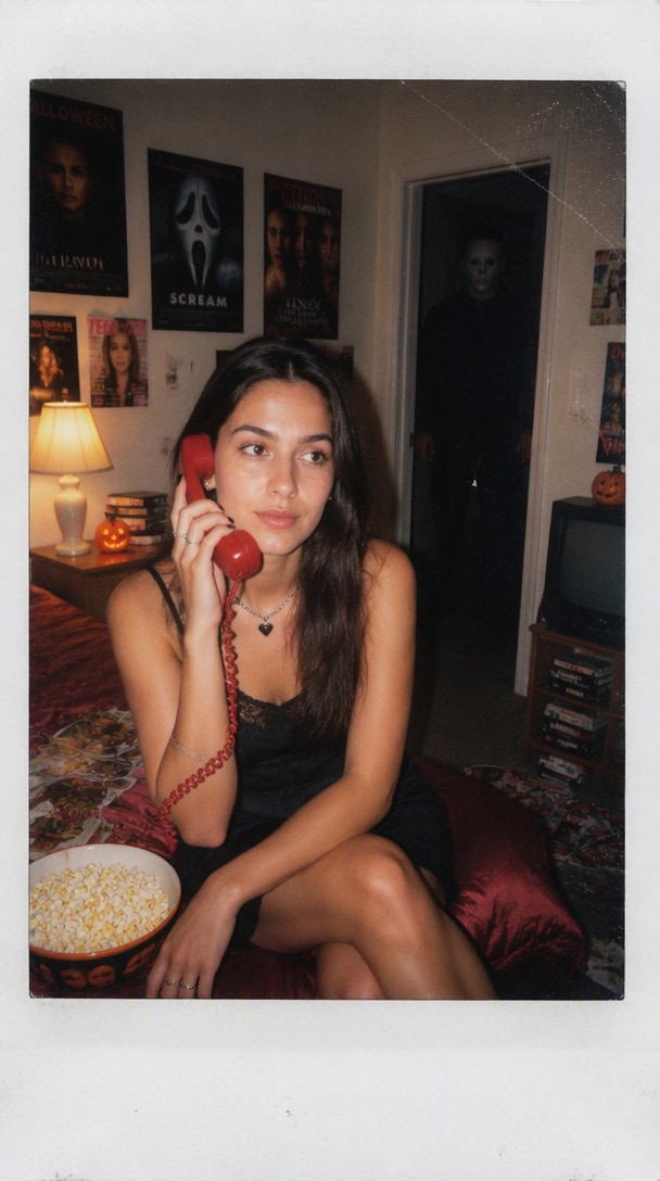 Halloween Polaroid AI photo with red phone and masked figure in background