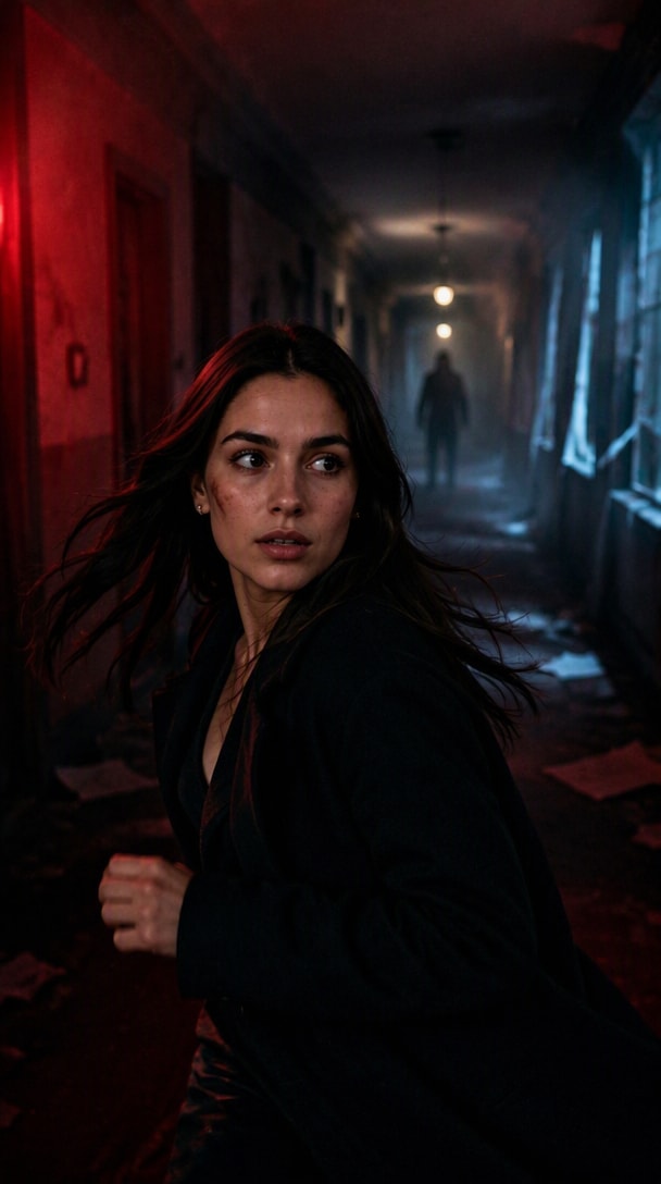 Final girl Halloween AI photo running through red lit hallway with shadow figure