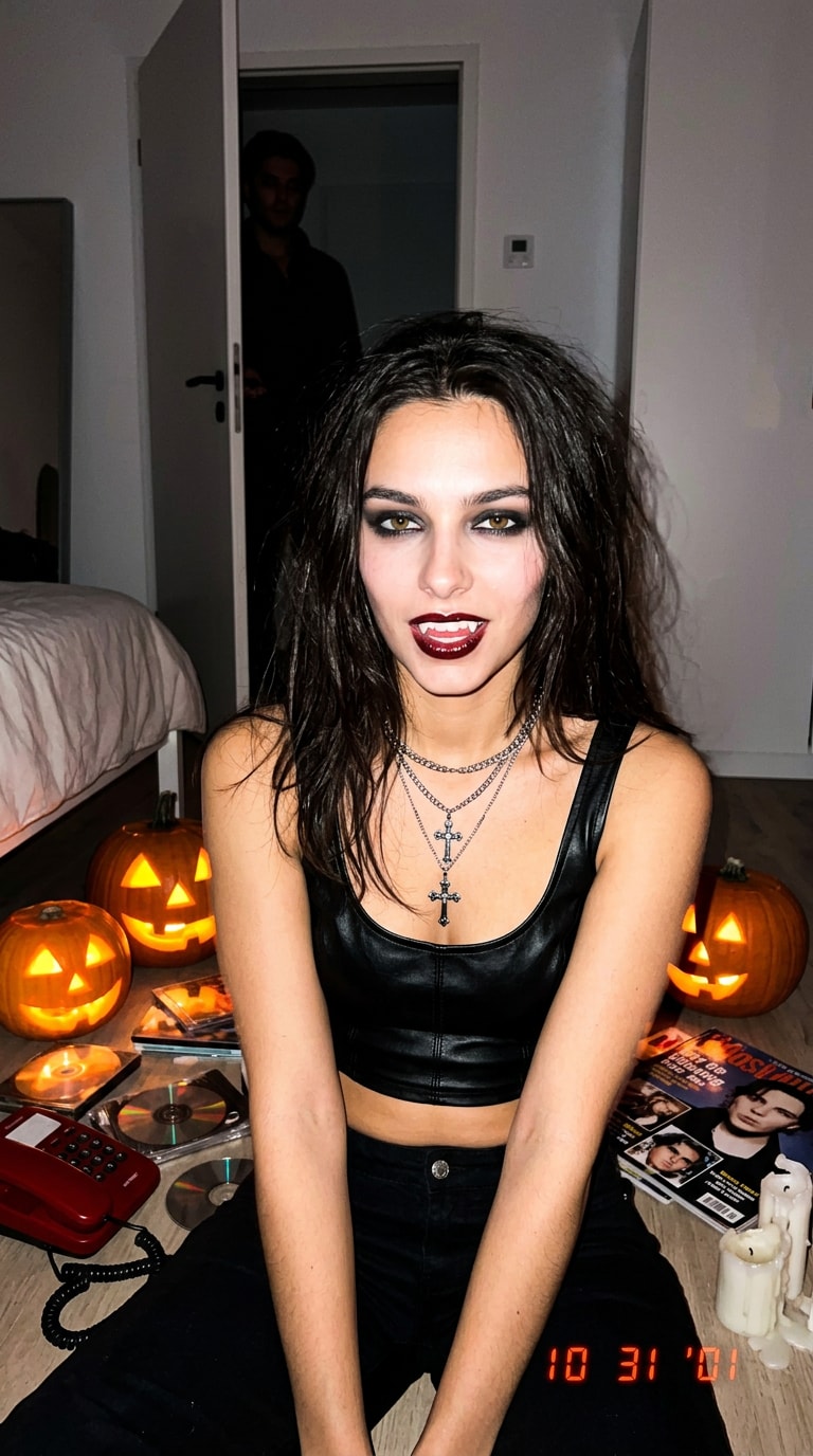 Y2K vampire Halloween AI photo with direct flash and mysterious figure in doorway