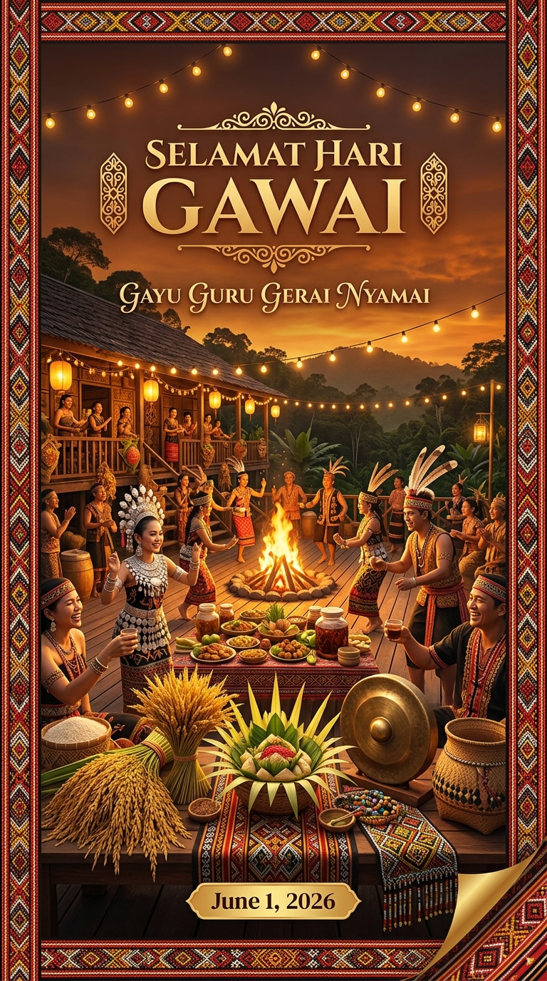 AI Hari Gawai Poster with Dayak Longhouse