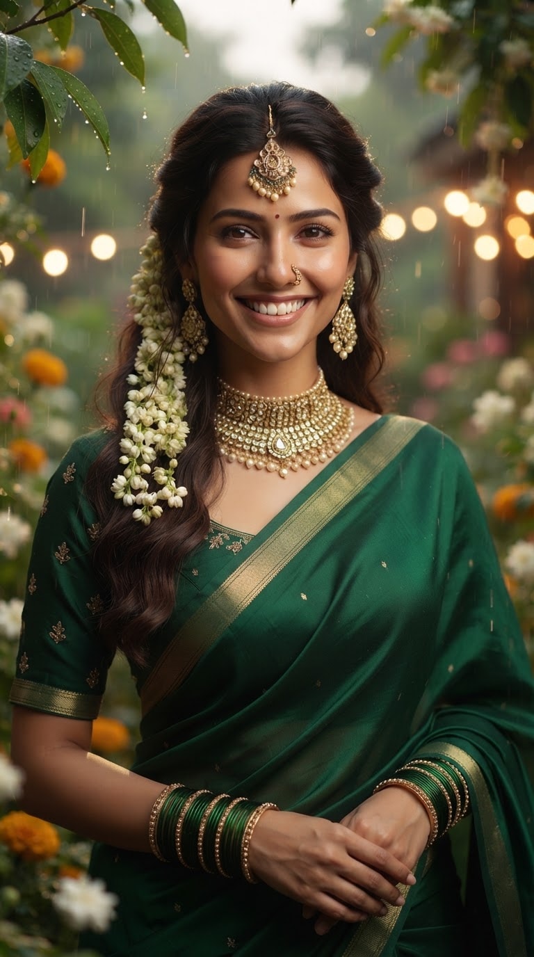 Hariyali Teej Green Saree AI Photo Prompt