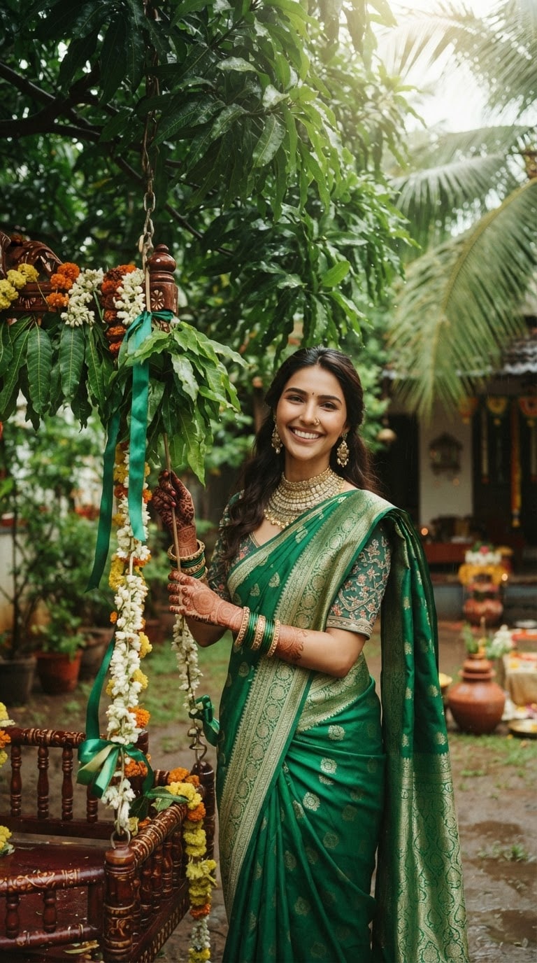 Green Lehenga Teej AI Image Prompt