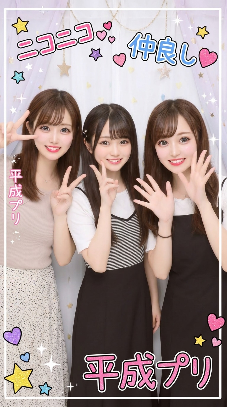友だち3人ショットの平成プリクラ風画像