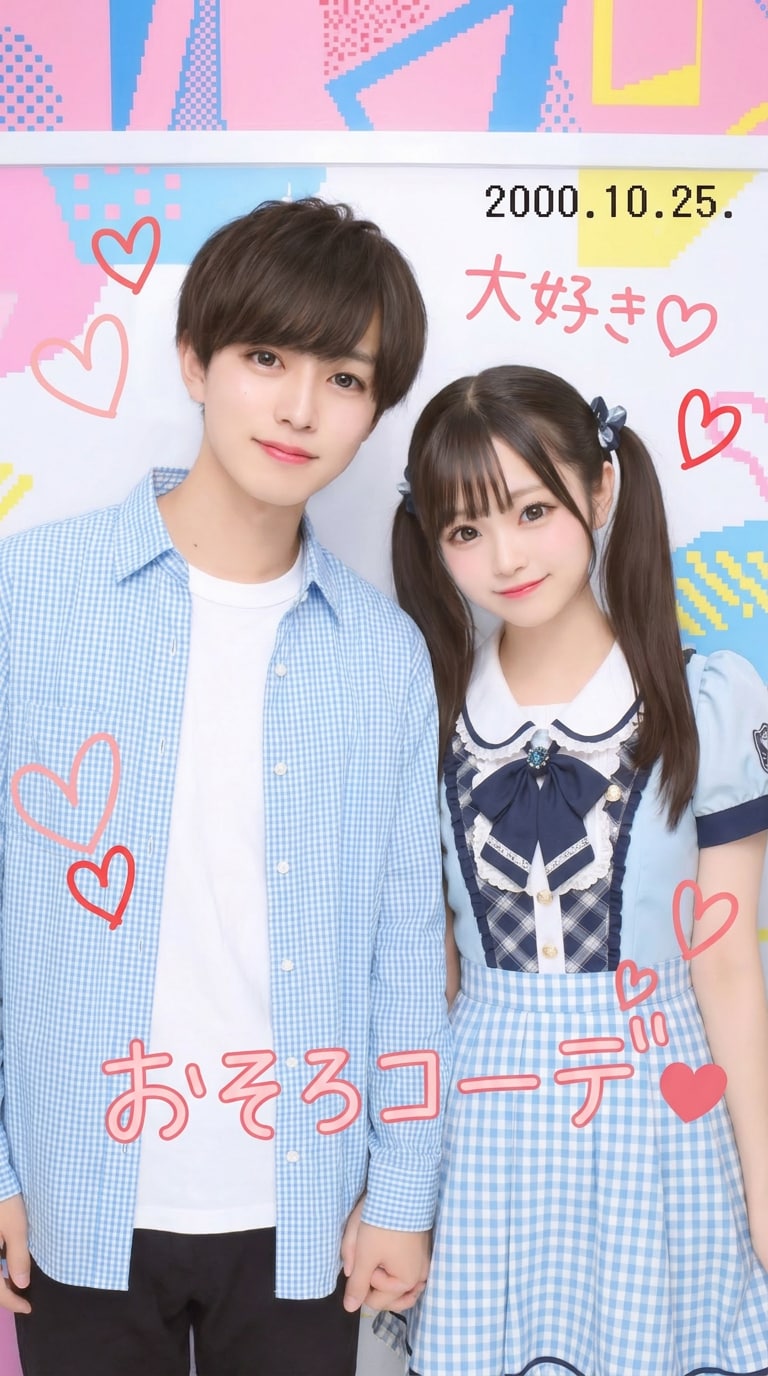 カップル2ショットの平成プリクラ風画像
