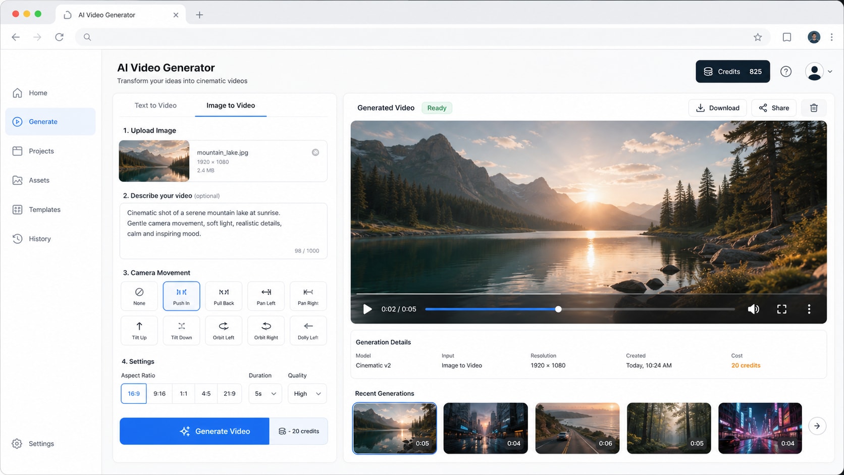 Higgsfield AI interface for cinematic video generation, image-to-video prompts, and camera control testing