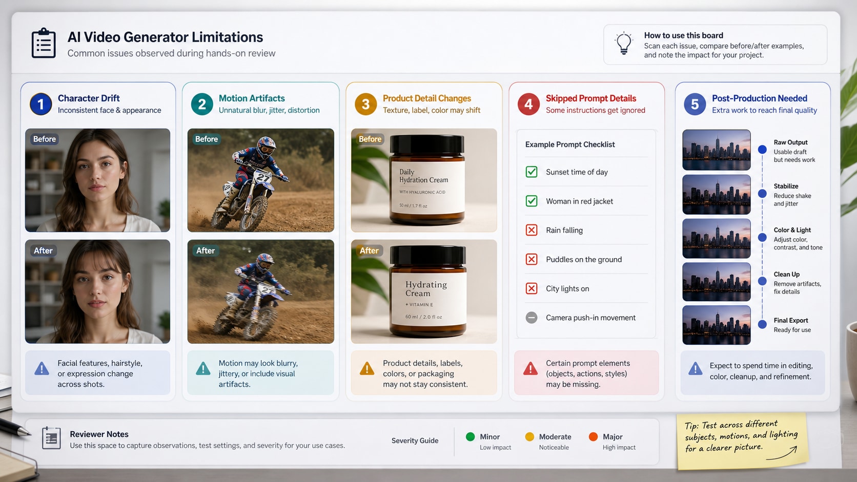 Higgsfield AI limitations including character drift, motion artifacts, skipped prompt details, and product accuracy issues