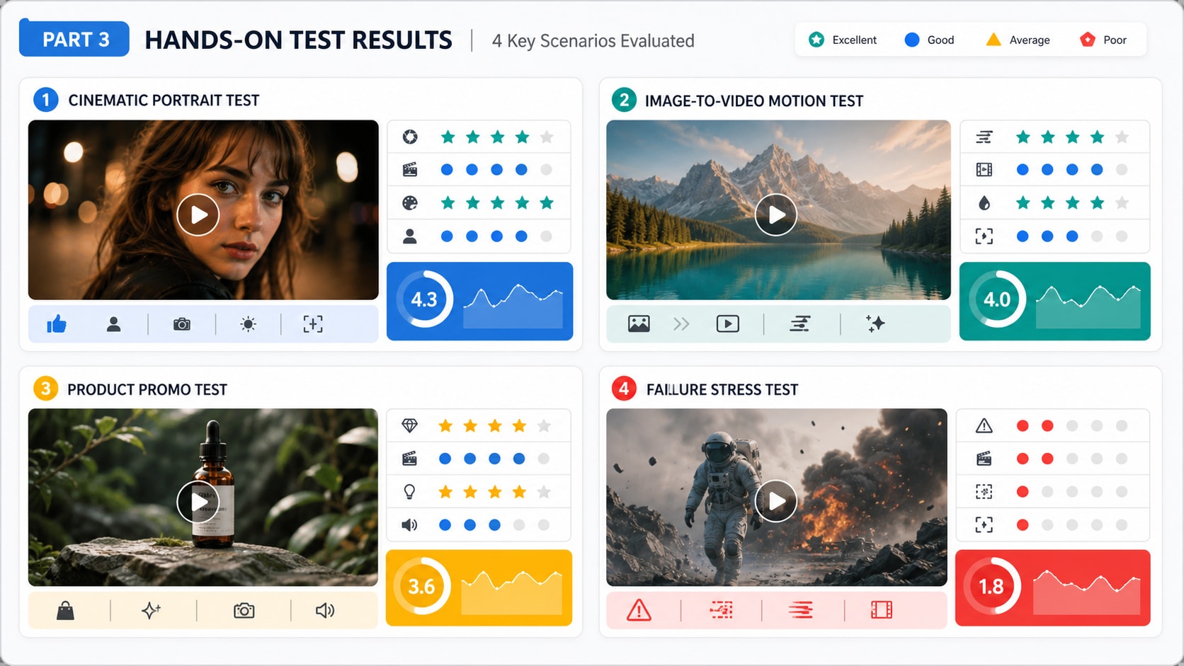 Higgsfield AI hands-on test grid with portrait, product, camera movement, image-to-video, and failure test results
