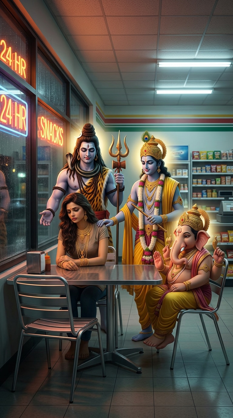 Hindu deities comforting sad person AI image prompt result
