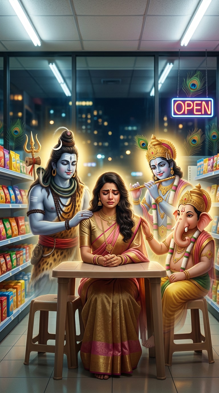 High-resolution Hindu deities comforting sad person AI prompt