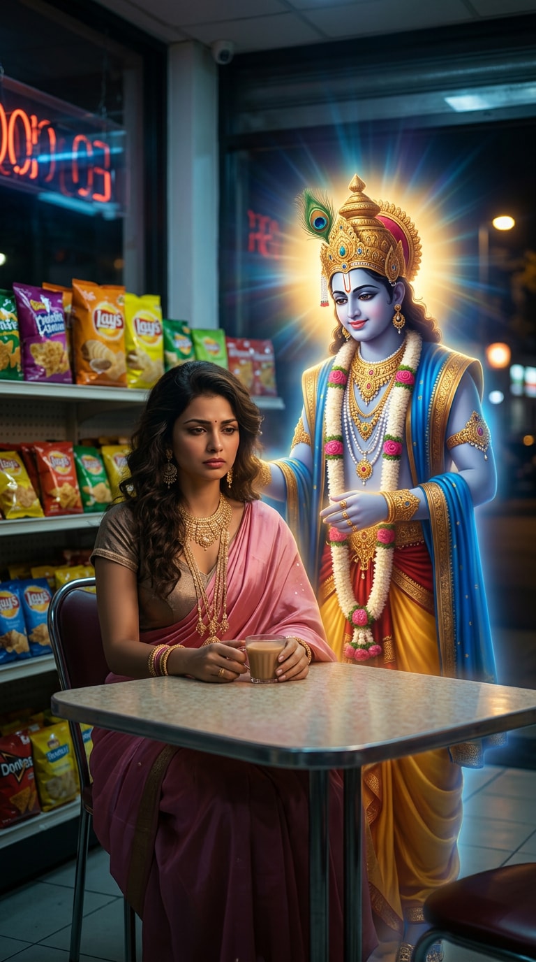 Lord Krishna AI image prompt for comforting sad person