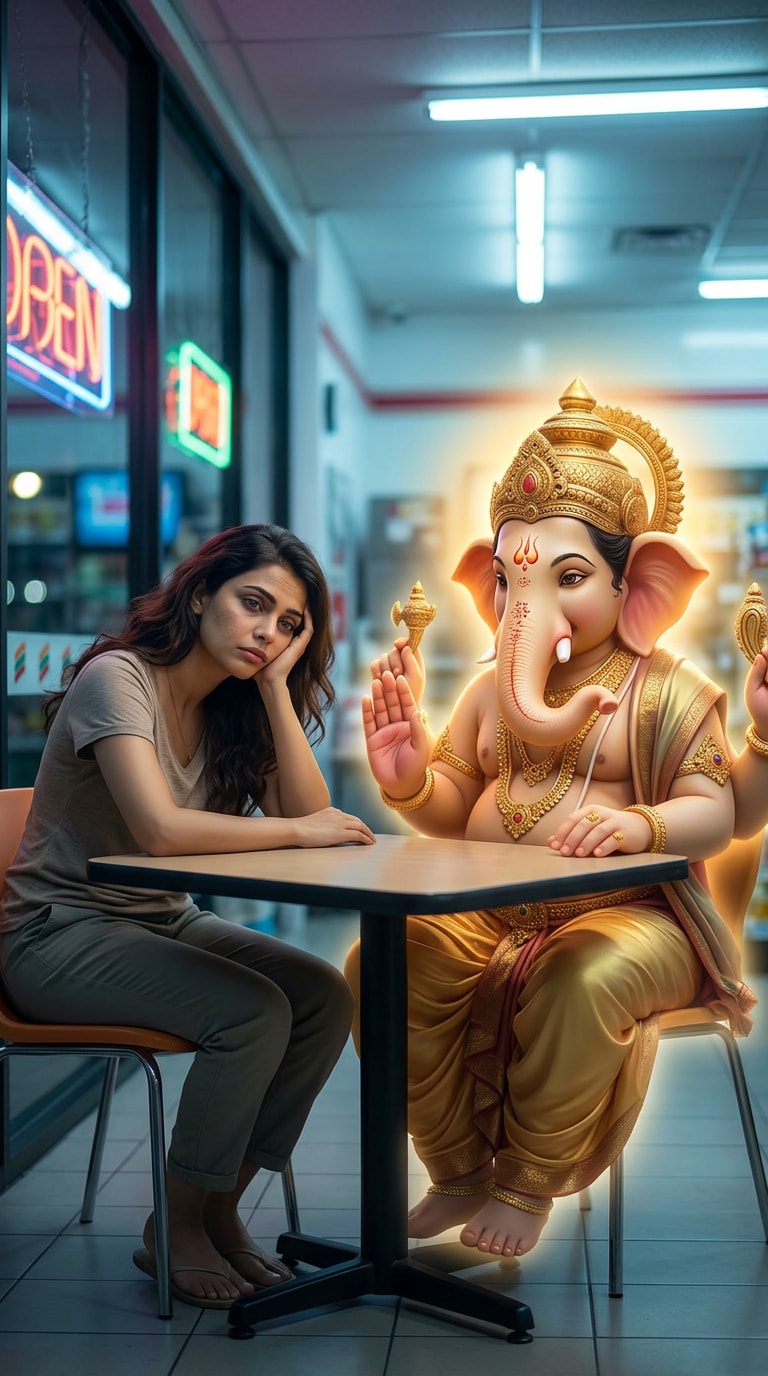 Lord Shiva Krishna Ganesha AI image prompt with divine comfort scene