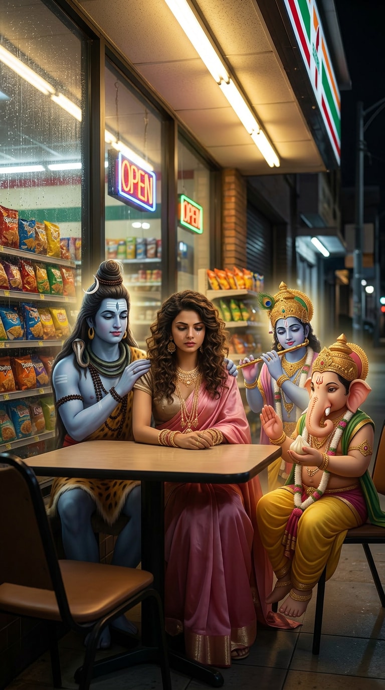 Cinematic night convenience store AI prompt with Hindu deities