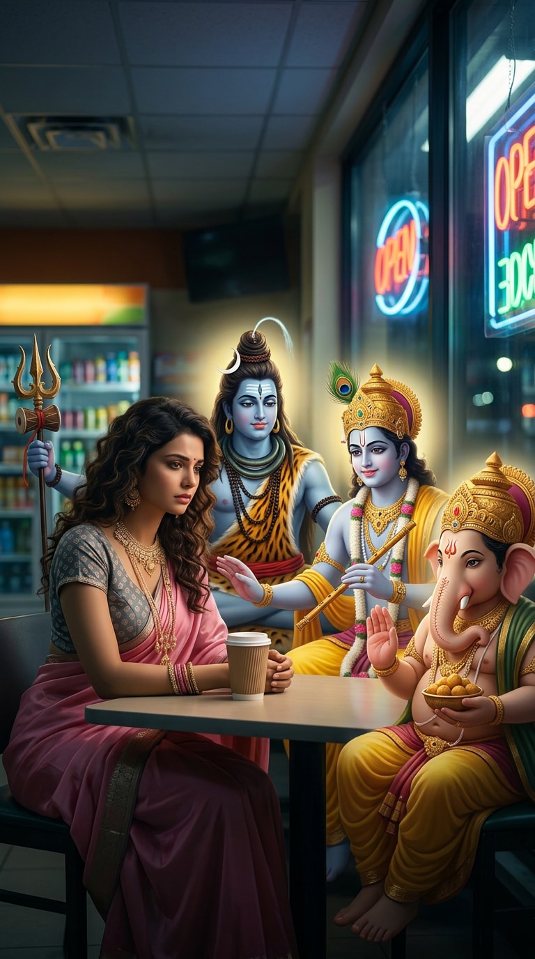 Divine comfort AI art prompt with Hindu deities