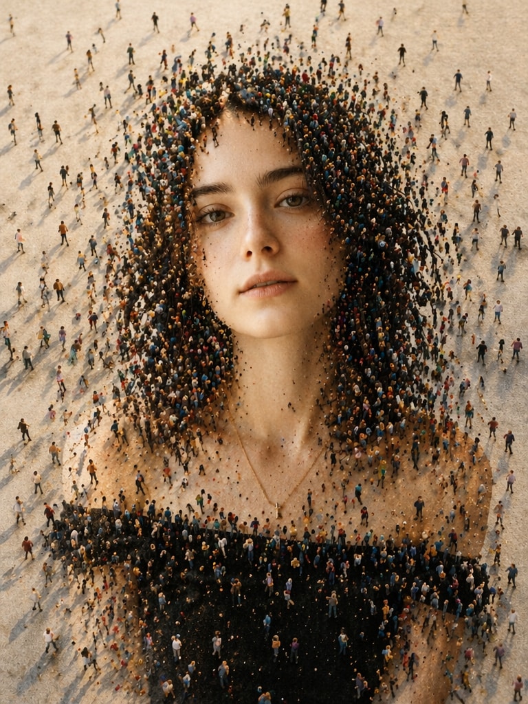 Dissolving Crowd Portrait human mosaic portrait prompt