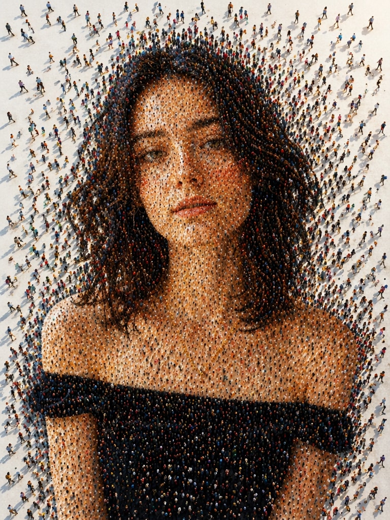 Hyper-Detailed Crowd Formation human mosaic portrait prompt