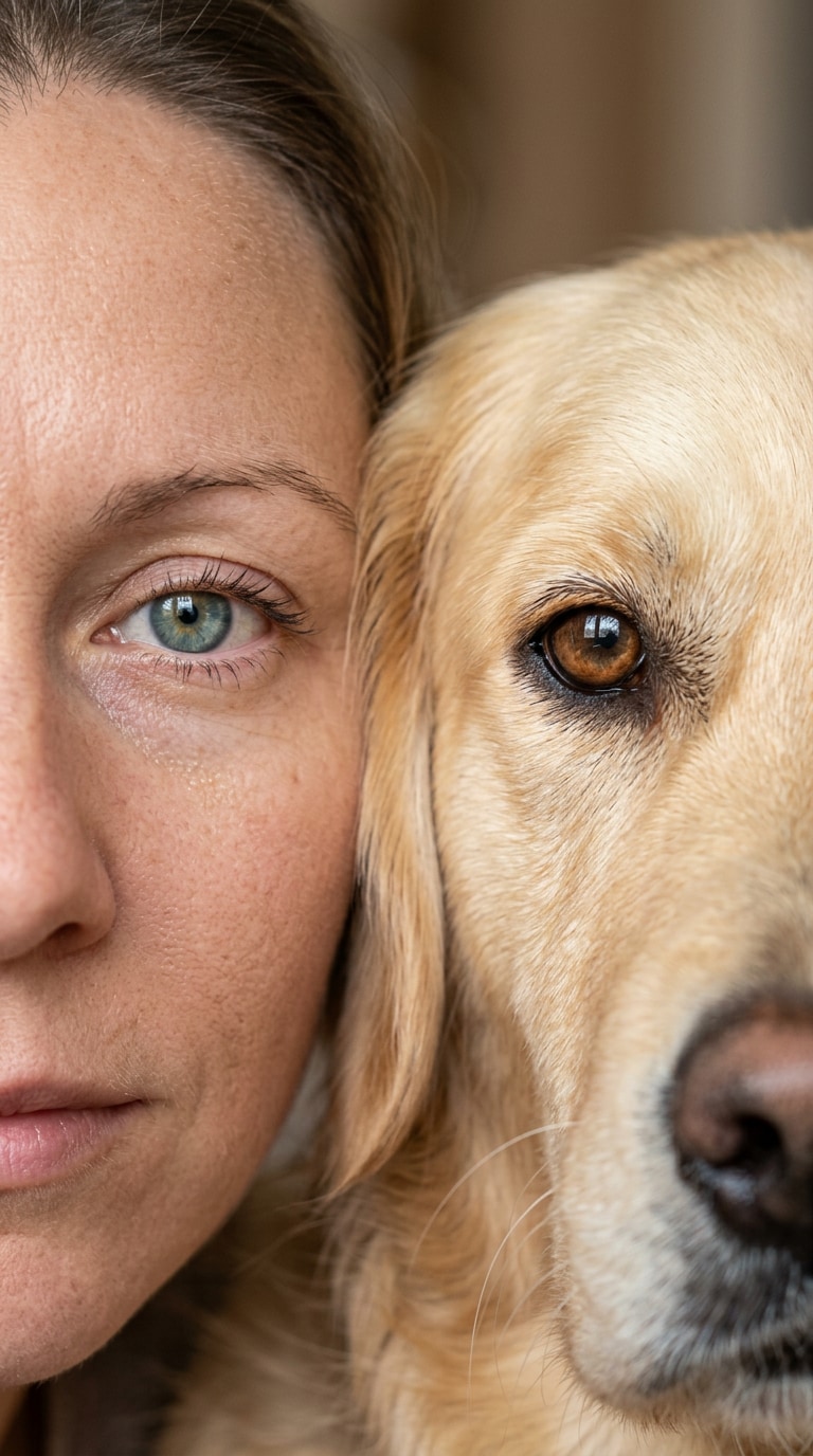 Human and dog face close-up prompt with aligned eyes