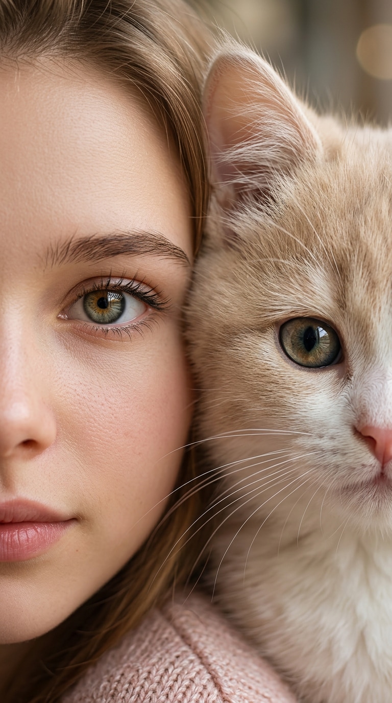 Human and cat face close-up AI portrait with aligned eyes