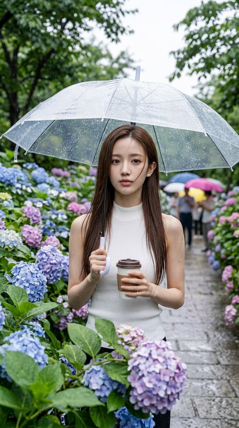 雨の日の紫陽花散歩フォト風