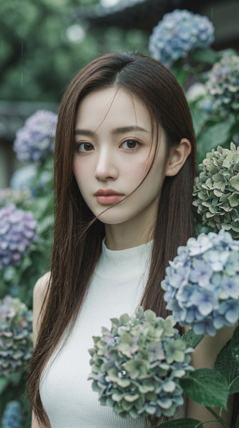 やわらかい日系フィルム風の紫陽花写真