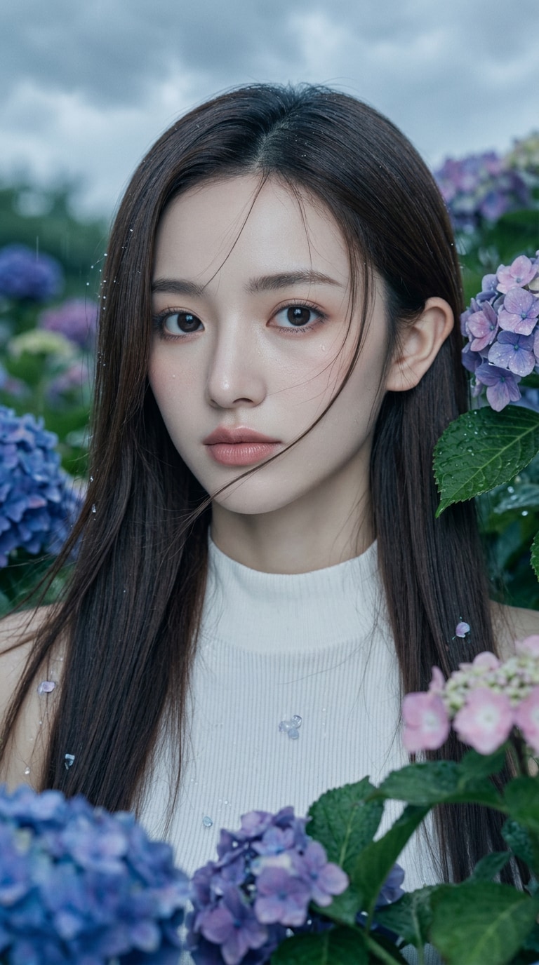 しっとりした梅雨の紫陽花フォト風