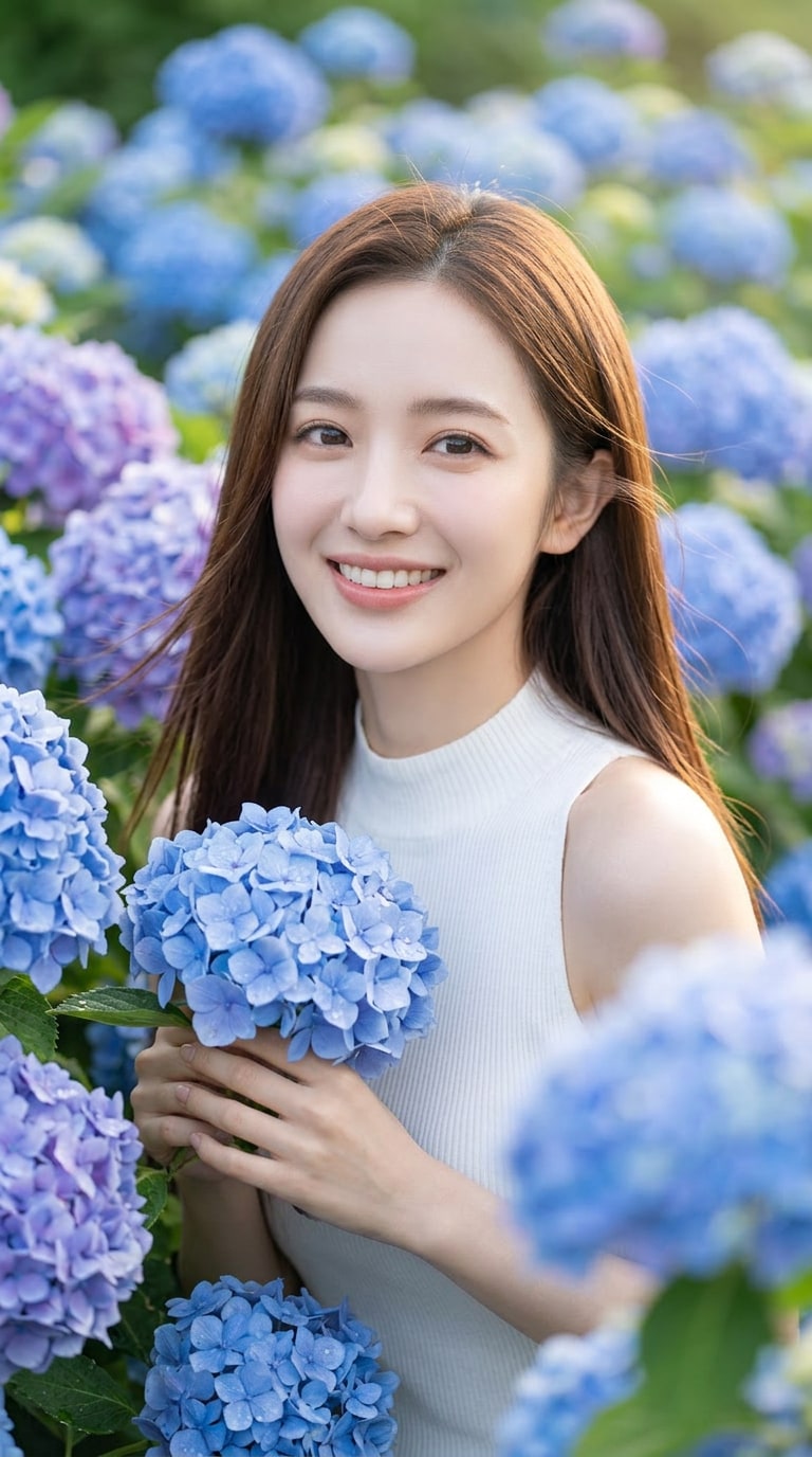 紫陽花と笑顔が映える爽やかポートレート風